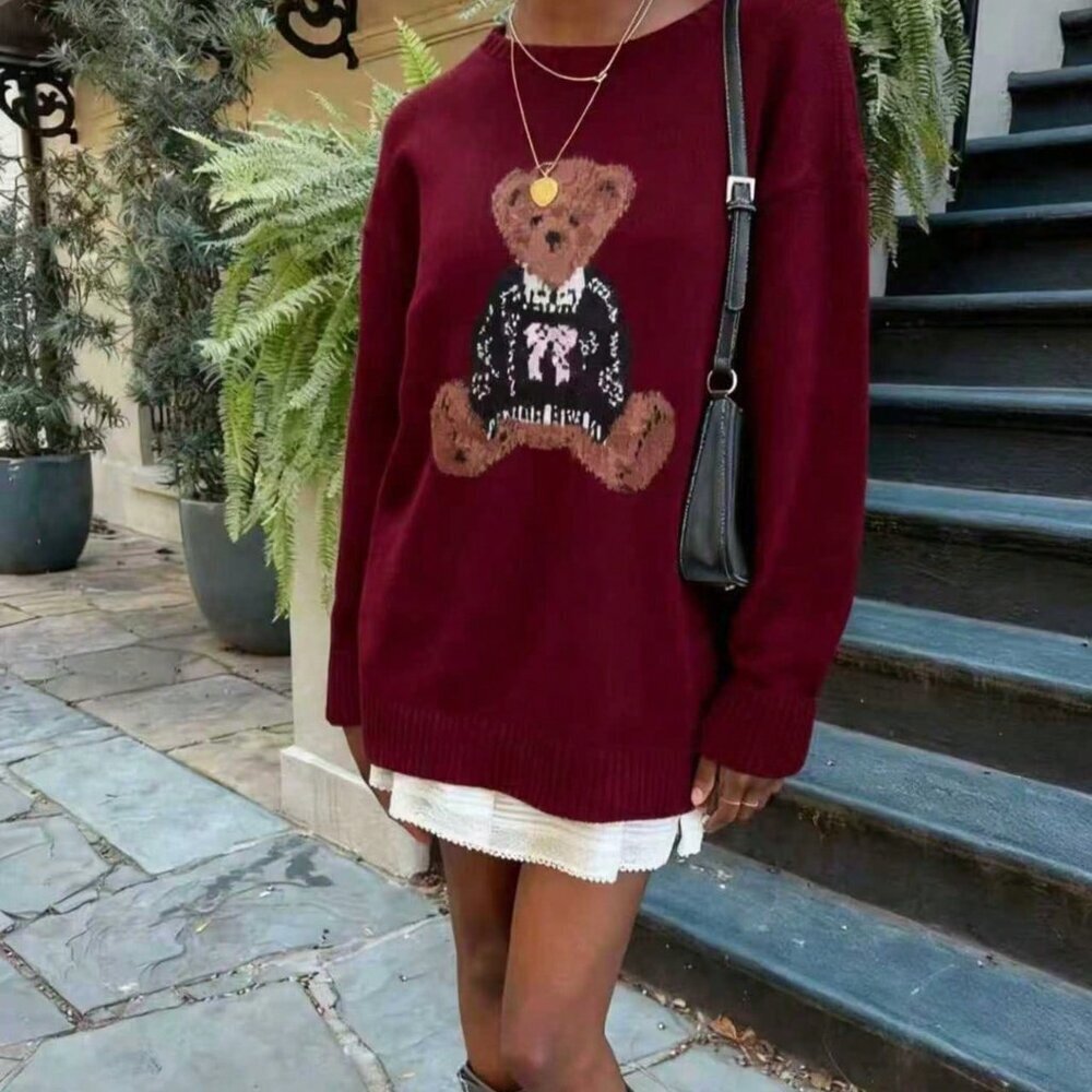 Burgundy Casual Women's Bear Pattern Knit Pullover Sweater